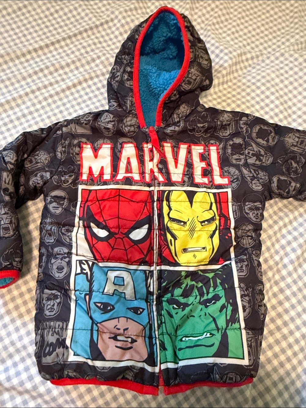 Marvel Kids Hooded Superhero Puffer Jacket in Black, Red, Blue & Green